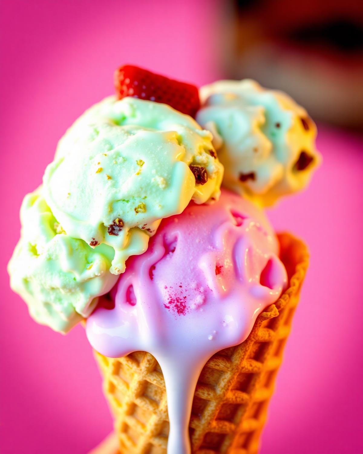 A double scoop waffle cone with pistachio and strawberry